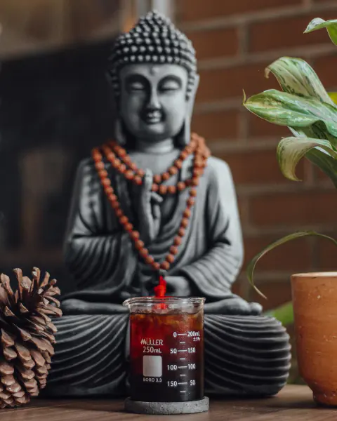 Cold brew junto a una figura de Buda, una piña de pino y plantas